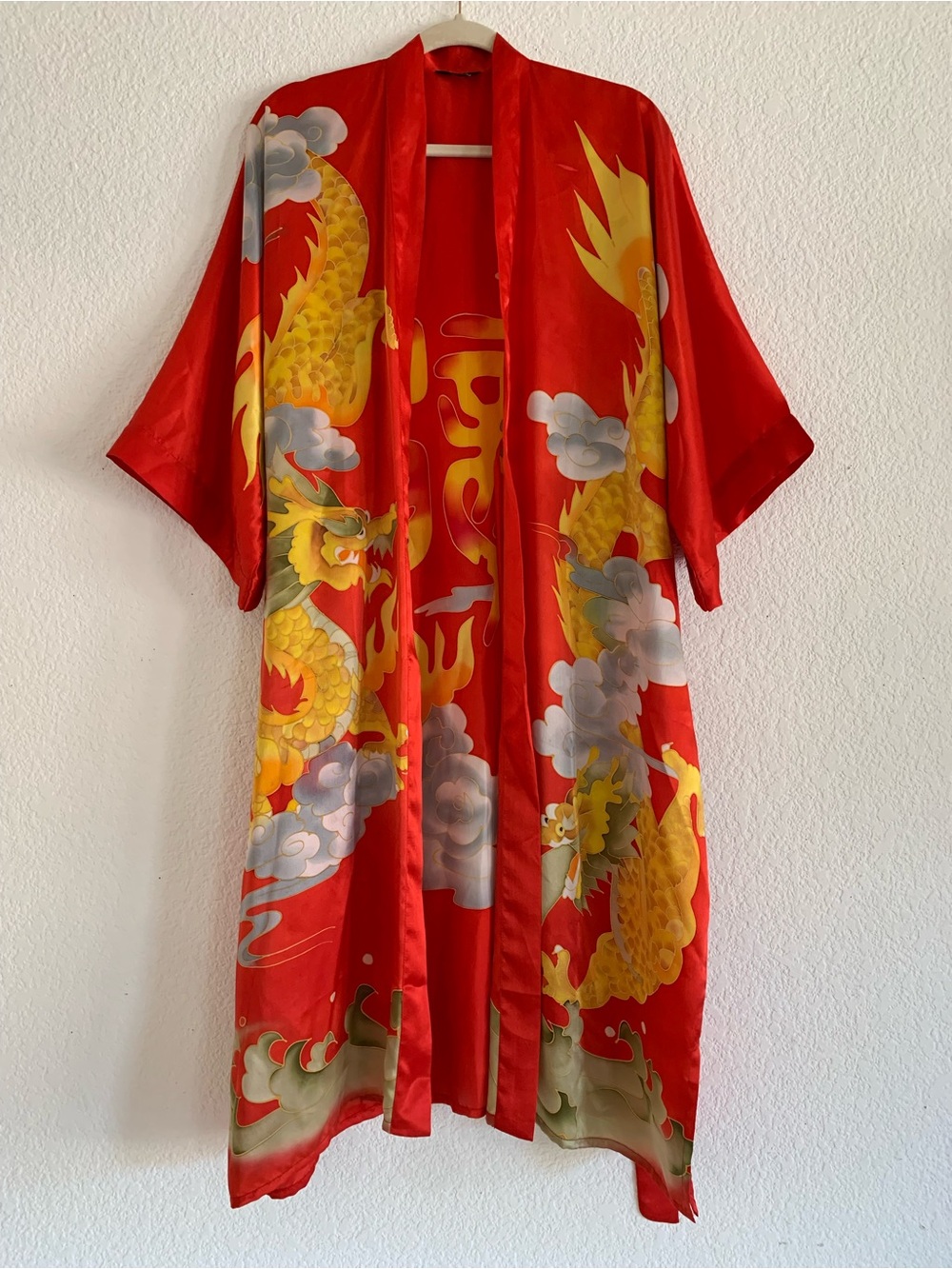 Red Silk Hand Painted Dragon Kimono Robe